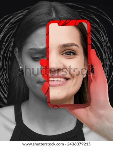 Modern aesthetic artwork. Split image of woman's face, sad on one side, happy on other through red phone frame. Concept of negative and positive influence of social networks on people
