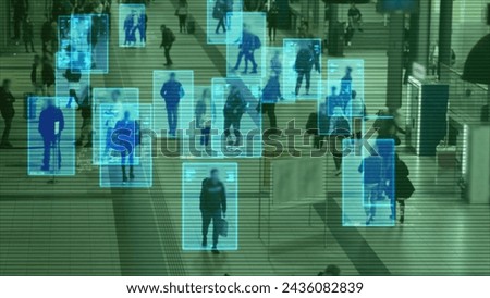 Scanning the crowd of people walking at the railway station. Surveillance interface using artificial intelligence and facial recognition. Face Detection, CCTV, AI, Future, Total Control, Privacy.	 Royalty-Free Stock Photo #2436082839
