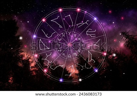 Zodiac wheel with symbols and constellation stick figure patterns against night sky
