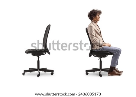 Profile shot of a man sitting in an office chair next to an empty chair isolated on white background