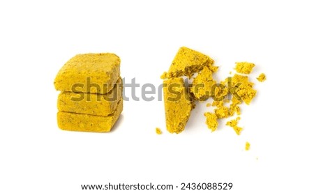 Stock Cube Isolated, Vegetable Stock Concentrat, Broth Cubes, Bouillon Cube, Instant Spice Soup Ingredient in Wrapper on White Background Top View