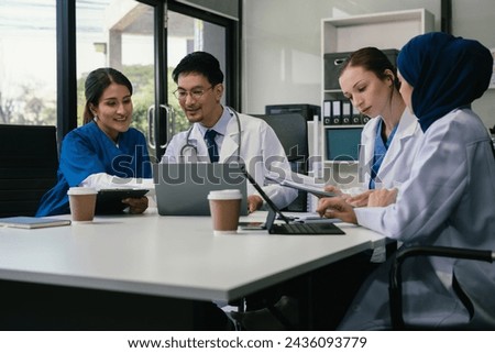 Medical, meeting and laptop for team in office in discussion, brainstorming and planning. Doctor, nurse and computer on desk, teamwork or workshop for data analytics.