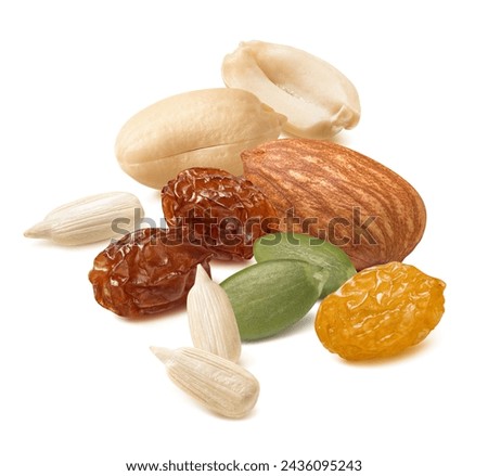 Peanut, almond nut, raisins, sunflower and green pumpkin seeds isolated on white background. Package design element with clipping path