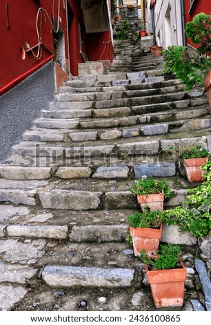 Varenna, Province Lecco,  Lombardy, Italy, Europe - narrow colorful street in historic part of touristic resort located on Lake Como shore Royalty-Free Stock Photo #2436100865