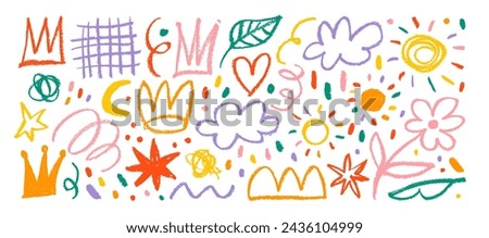 Collection of hand drawn colorful charcoal doodle shapes and squiggles in childish girly style. Pencil drawings isolated on white. Crown, stars, flower, heart and grid doodle collage elements. Royalty-Free Stock Photo #2436104999