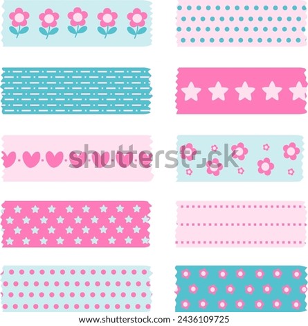 Blue and Pink Color Washi Tape With Cute Patterns Vector Collection