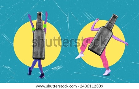 Creative collage of two funny dancing beer bottles on blue background. Entertainment and party concept in a nightclub or bar.