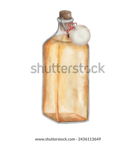 Watercolor illustration. Hand painted yellow virgin olive oil. Transparent glass square bottle with cork. Paper tag, label with ribbon. Blank template. Sunflower oil. Orange juice. Isolated clip art