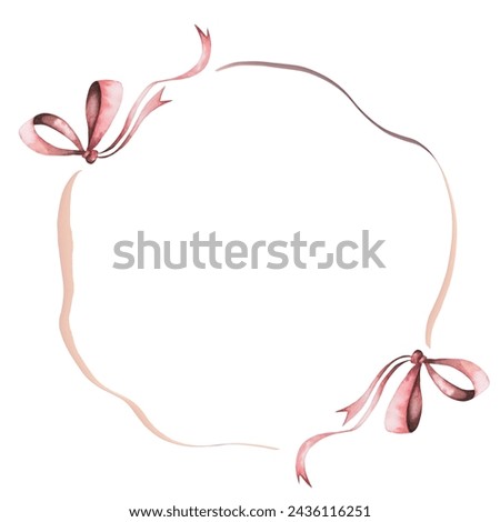 Frame with watercolor bows. Delicate pink bows and ribbons in a round wreath. Isolated clip art on white background. Round border for decorating cards and invitations for weddings and birthdays