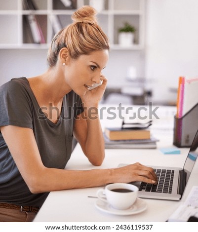 Business woman, laptop and phone call for office communication, planning and editing support on software. Professional writer, editor or advisor talking on her mobile and laptop for project advice