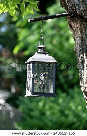 Metal lantern with candle. Hanging from post on tree. Blurred green greenery background bokeh. Yard backyard garden patio. Isolated close up. Decor decoration.