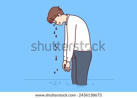 Upset business man cries standing in water, demonstrating depression or learned helplessness. Psychological concept of learned helplessness among company employees resulting from tactical management