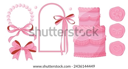 Vector Illustration of pink girly vintage bows, victorian lambeth cake and frames. Cute vintage lambeth cake. Girly coquette aesthetic.