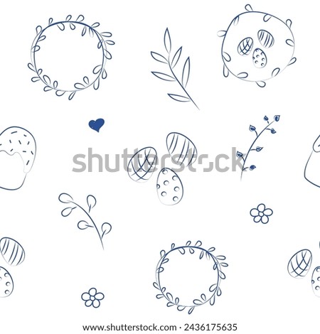 Vector illustration. Cute hand drawn seamless pattern. Festive background with Easter linear symbols. Design of postcards, banners, wrapping, textiles, wallpapers and other promotional products.
