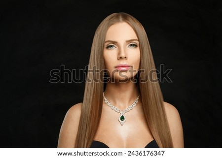 Nice jewelry model beautiful woman portrait. Brunette woman with long smooth hair and necklace