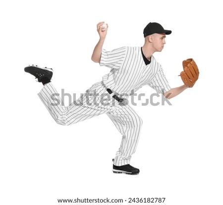 Baseball player with glove and ball on white background
