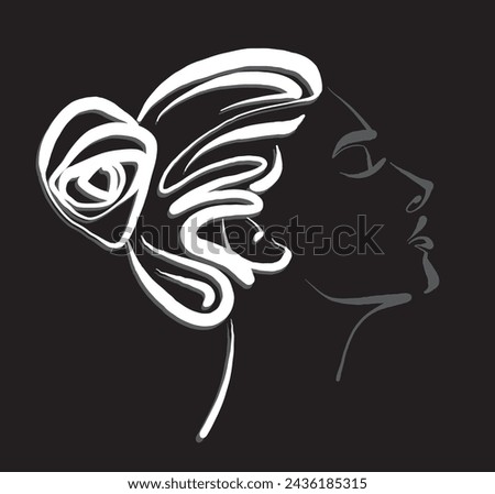 silhouette face black background woman line art hand brush vector illustration
