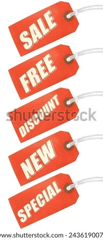 Red tags with marketing elements.