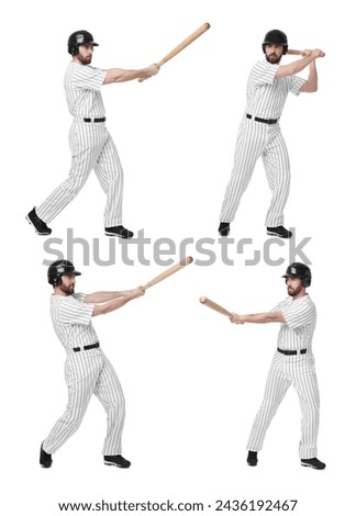 Baseball player with bat on white background, set of photos