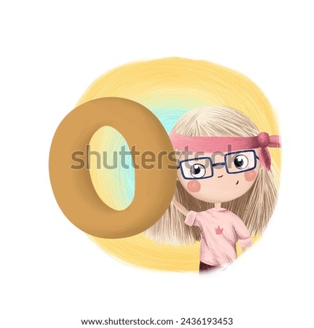 Cute little girl with letter O. Colorful cartoon graphics. Learn alphabet clip art collection on white background