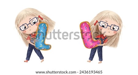 Cute little girl with chocolate donut- letter L. Tasty set on white background. Learn alphabet clip art collection