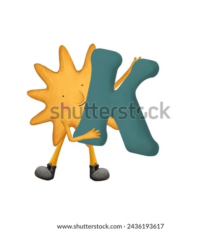 Bright cartoon alphabet. Cute and funny sun with letter K. Illustration for kids on white background