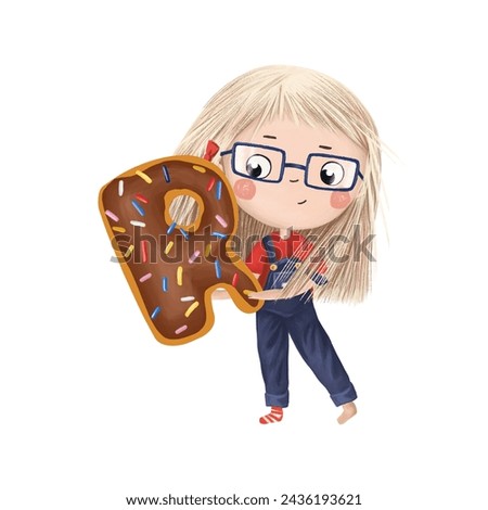 Cute little girl with chocolate donut- letter R on white background. Learn alphabet clip art collection