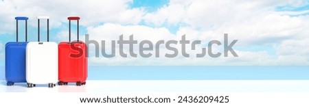 Travel suitcases in the colors of the flag of France against a sky with clouds with empty space for text. Narrow 3D illustration on the theme of business trips. Header banner.