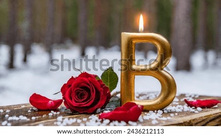 Happy Birthday candle in the shape of the Alphabet letters on a table. Red rose, rose leaves scattered on the table with snow, in winter.