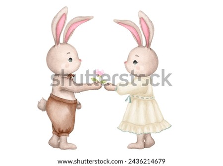Composition with cute bunnies. Boy and girl. Love and friendship. Children's illustration in retro style. Baby shower, Birthday, Valentine's Day. Clipart for print, invitation, poster, greeting card.