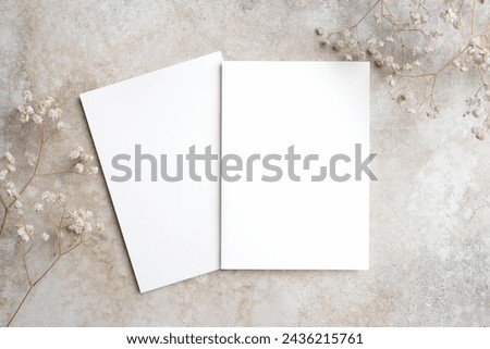 Wedding invitation card mockup, two sides, front and back, trendy beige concrete background, copy space