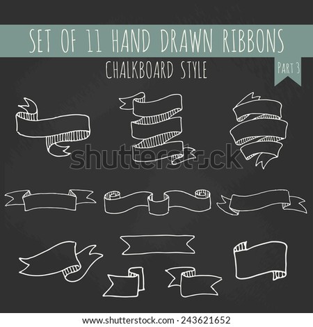 Big set of blank cute white outline ribbon banners in chalkboard style. Hand drawn vector illustration of decorative elements for your design. Part 3.