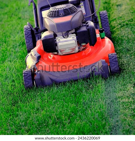 Red lawn mower in lush green grass mowing lawn cutting Royalty-Free Stock Photo #2436220069