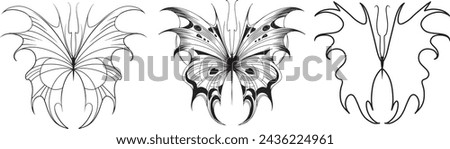 Set of elements Neo tribal tattoo butterfly shape modern acid graphic design clip art gothic flame emo goth 2000s Aesthetic style y2k wings ink black white aggressive line graphic ornamental doodle