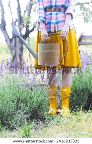 girl with a watering can against the backdrop of a garden and lavender bushes
 Royalty-Free Stock Photo #2436235323