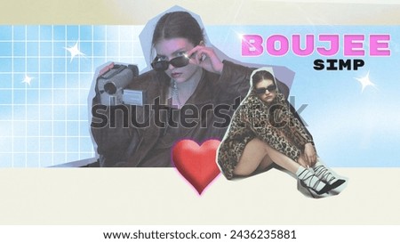 Stylish woman with vintage camera and heart graphic, with 'BOUJEE SIMP' text. Contemporary art collage. Concept of y2k art, generation z youth culture, fashion and lifestyle Royalty-Free Stock Photo #2436235881