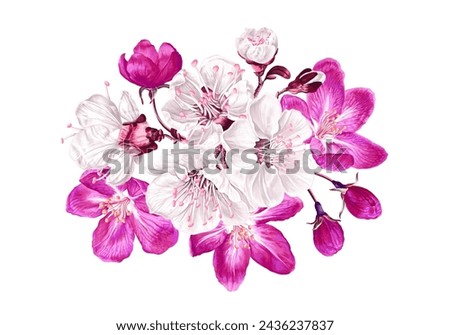 Floral composition with flowers of fruit trees. Botanical illustration with hand drawn spring plants in high detail. White and pink sakura, cherry, apricot, apple or cherry blossoms