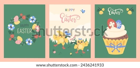 Set of Easter posters. Greeting cards with decorated eggs, Easter cake, cute chickens. Funny little chickes with wishes. Spring holiday, flowers, green garden. Clipart. Vector flat illustration