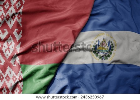 big waving national colorful flag of el salvador and national flag of belarus. macro