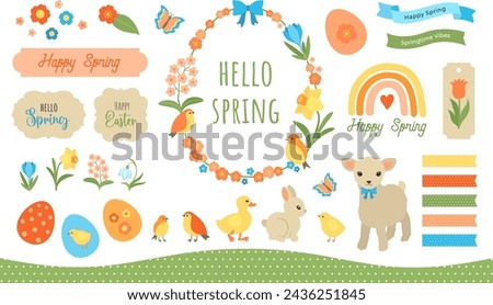Spring Easter clipart set cute Easter bunny, colorful eggs, lamb, duckling, chick, spring flowers and leaves. Gift tags, labels happy Easter signs. Egg shape frame. Charming spring clip art pack.