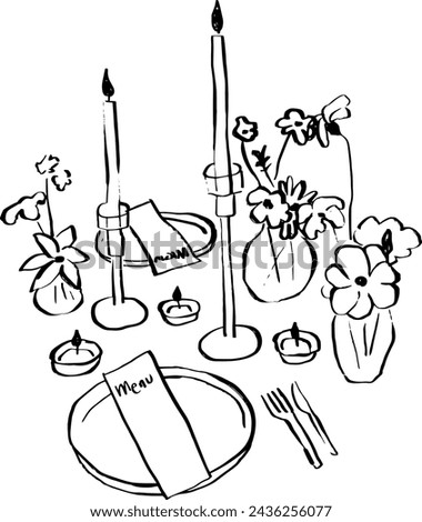 Hand draw dinner table. Vector illustration of table served and decorated with flowers and candles. Minimalist line art. Illustration for invitations, stationery, printables, social media