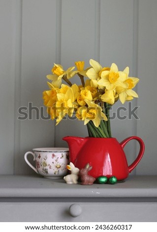Bouquet of golden daffodils in red teapot on a light grey wooden background with copy space.
Still life with red teapot and daffodils on sage green background.

