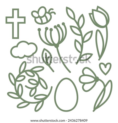 Easter set of religious linear illustrations of flowers and Easter eggs