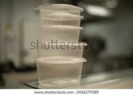 Empty plastic container. Salad trays. Plastic dishes. Disposable containers for food.