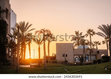 Agadir, Morocco - February 28, 2024- Sunset view with palm trees and a building with a "Rixos" sign, a manicured lawn and pathway in the foreground.