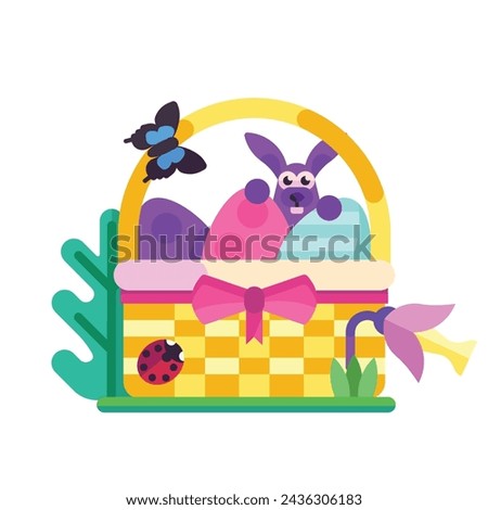 Spring wicker Easter basket with bunny and eggs. Festive decorated picnic basket with blooming flower and butterfly.