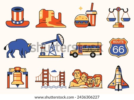 USA icons collection with popular landmarks and symbols. United States icon set of american cultural elements such as architectural monuments, tourist attractions, natural wonders and sports. Royalty-Free Stock Photo #2436306227