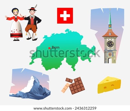 Symbols of Switzerland. Outline of the country, architecture and national clothing. Set of clip arts vector illustration