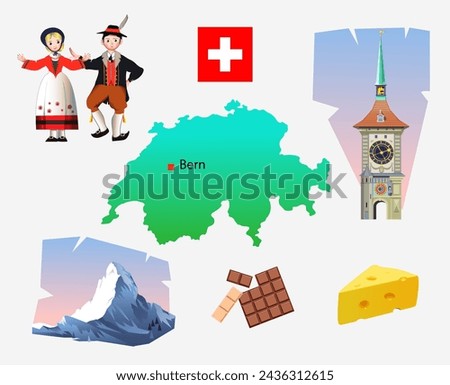 Symbols of Switzerland. Outline of the country, architecture and national clothing. Set of clip arts illustration