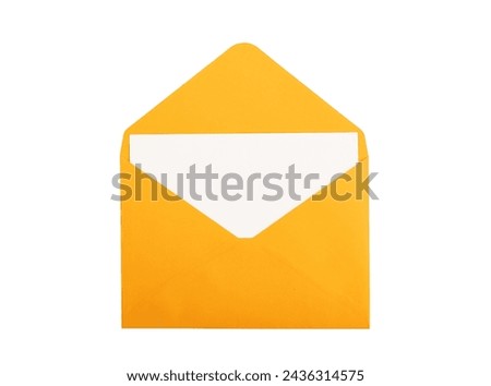 Postcard, card, paper sheet from open orange holiday envelope isolated on white background.